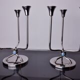 Pair of art deco candlesticks in stainless steel 3 flames and blue stones, Spain, 1970