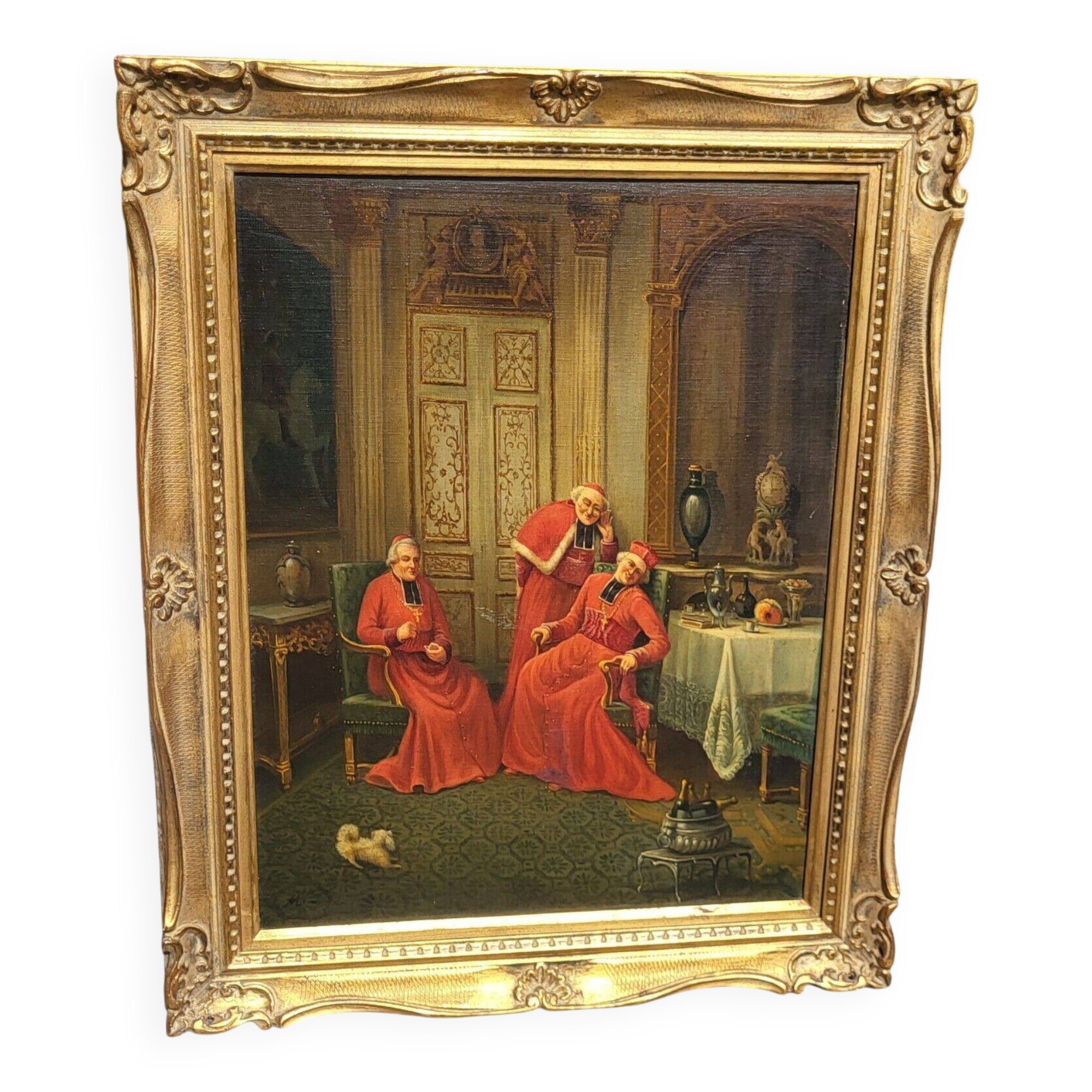 Signed Antique French Oil Painting – Cardinals in Luxurious Setting, 19th C