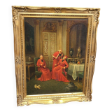 Tableau à l'huile ancien signé – Cardinaux dans un cadre luxueux, XIXe siècle