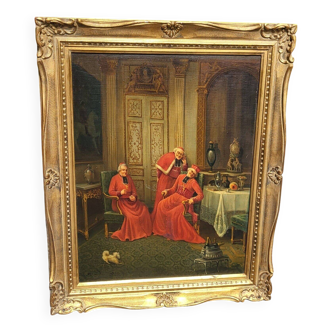 Signed Antique French Oil Painting – Cardinals in Luxurious Setting, 19th C