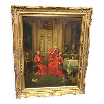 Signed Antique French Oil Painting – Cardinals in Luxurious Setting, 19th C