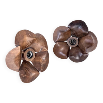 Pair of wooden flower wall lights from the 1970s.