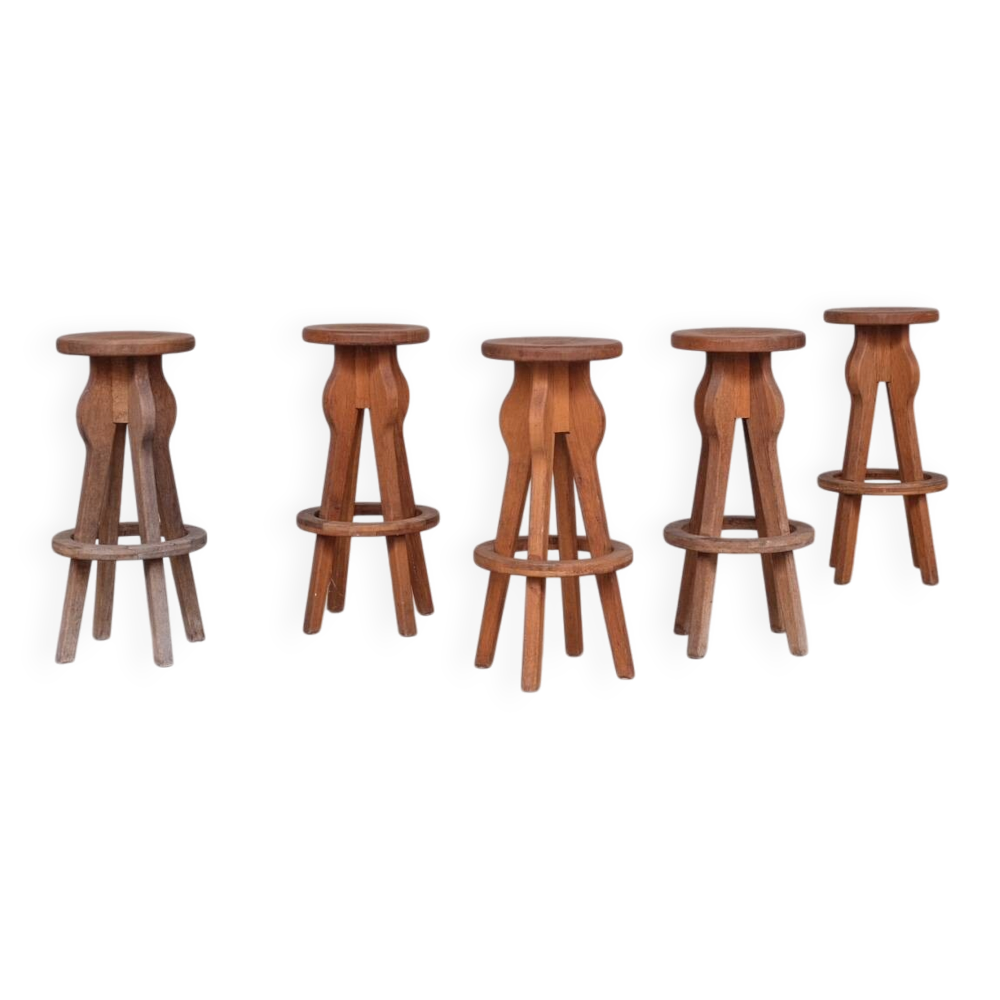 Set of 5 Brutalist Oak Mid-Century Belgium Bar Stools