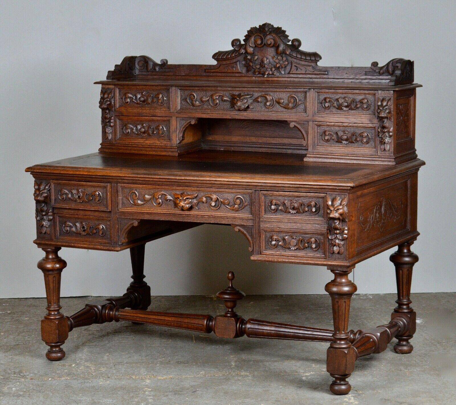 George III style bureau in carved solid oak, circa 1880.