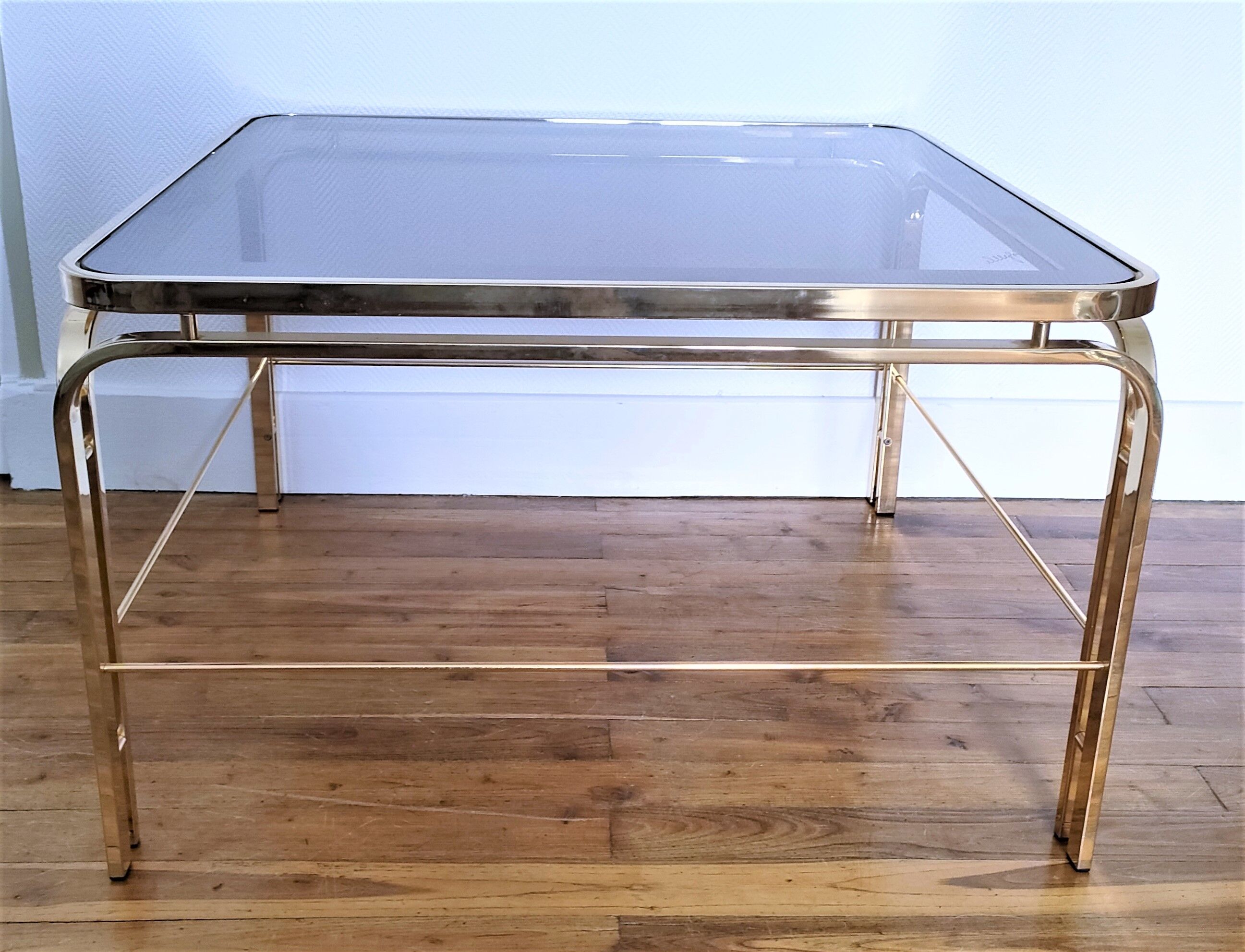 Coffee table glass smoked metal gilded Italian design 80s stamped