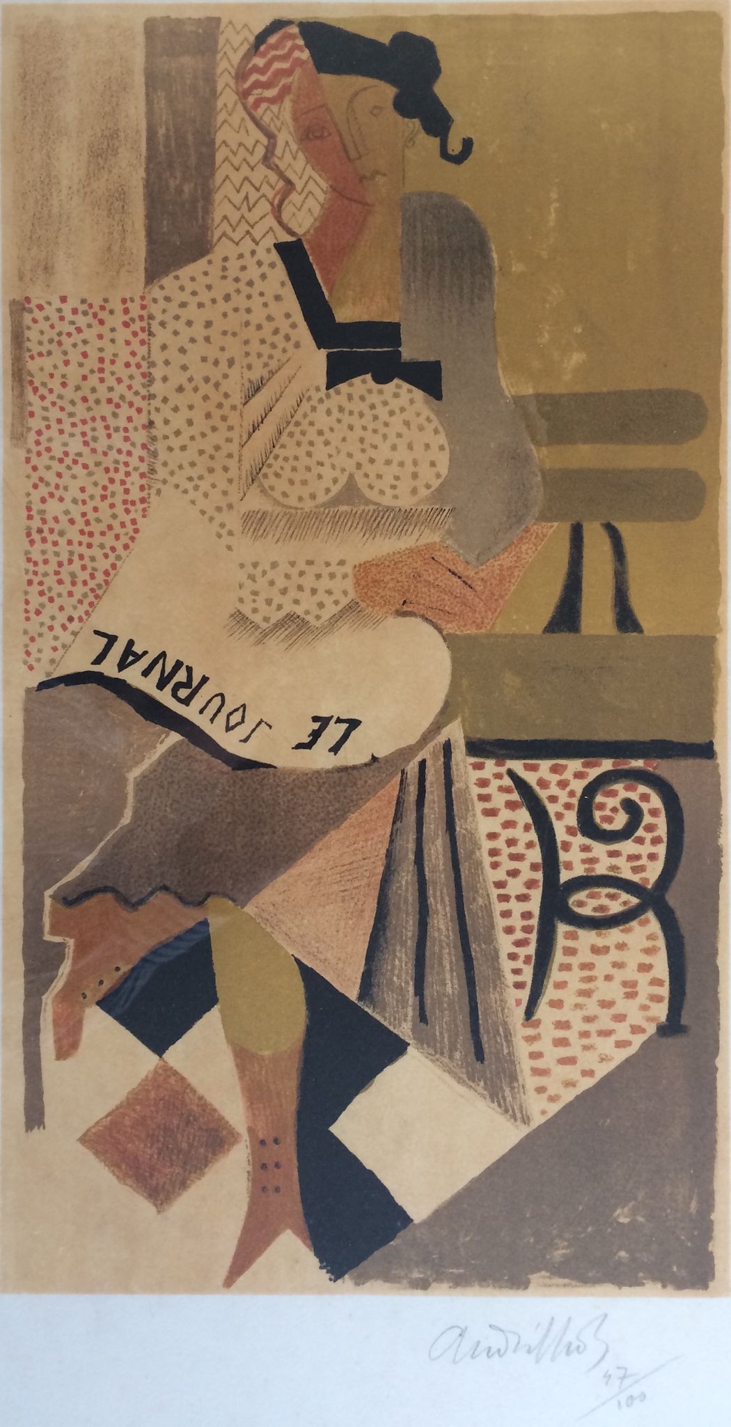 Michel Andrillon The newspaper, a woman sitting on a bench. Signed and framed colour printing