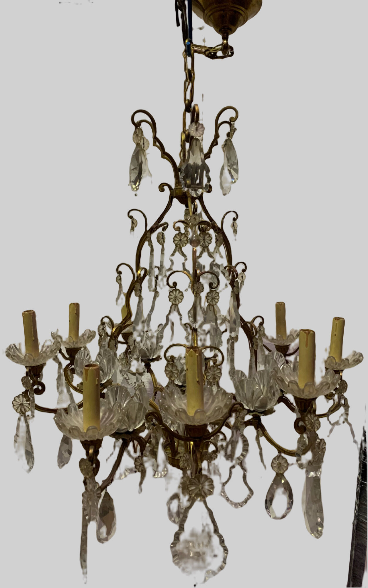 Chandelier cage with sixteen lights grapevines and crystal cups xix century