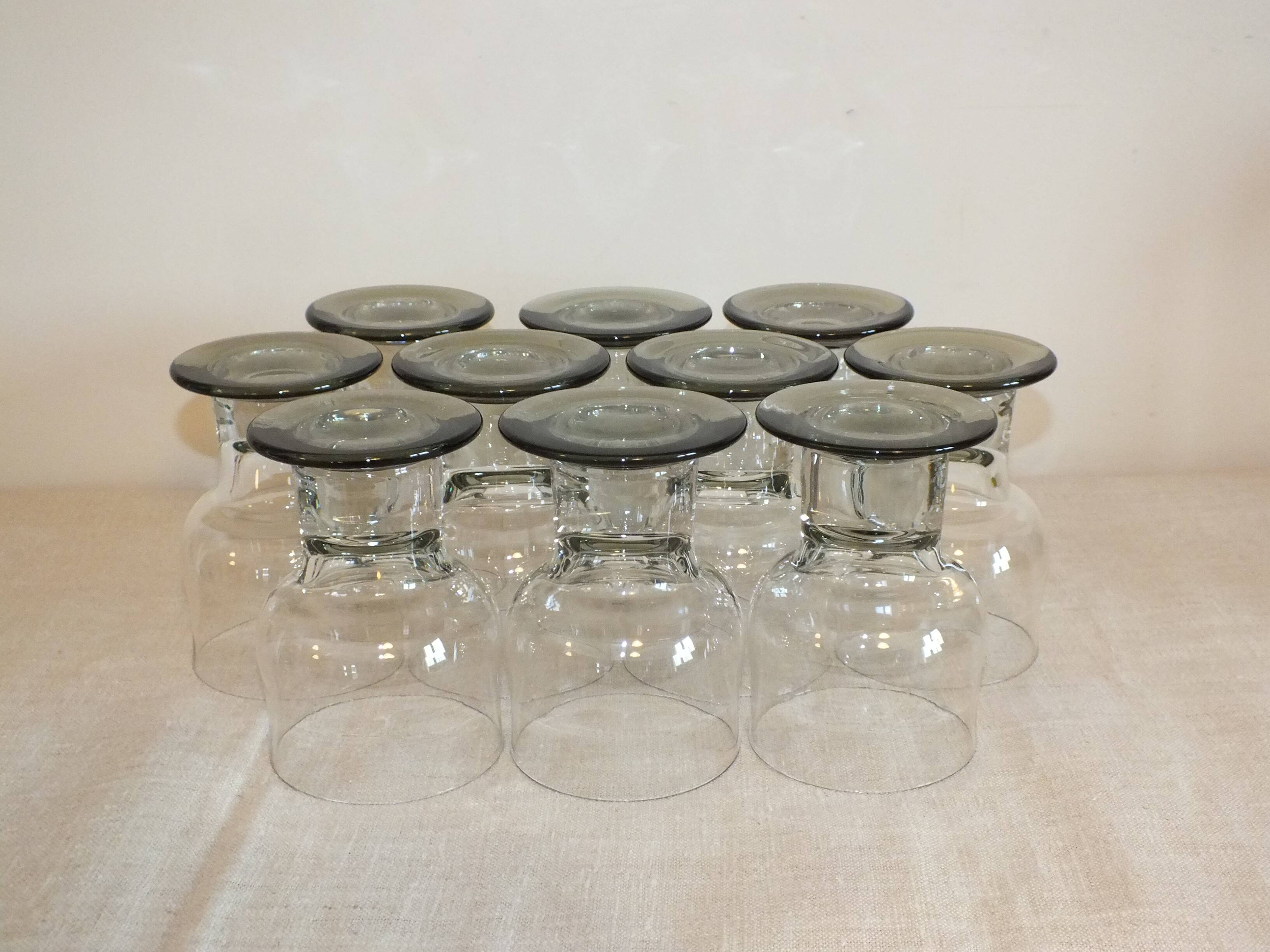 10 tarente thick crystal water glasses, steel gray foot, 1970