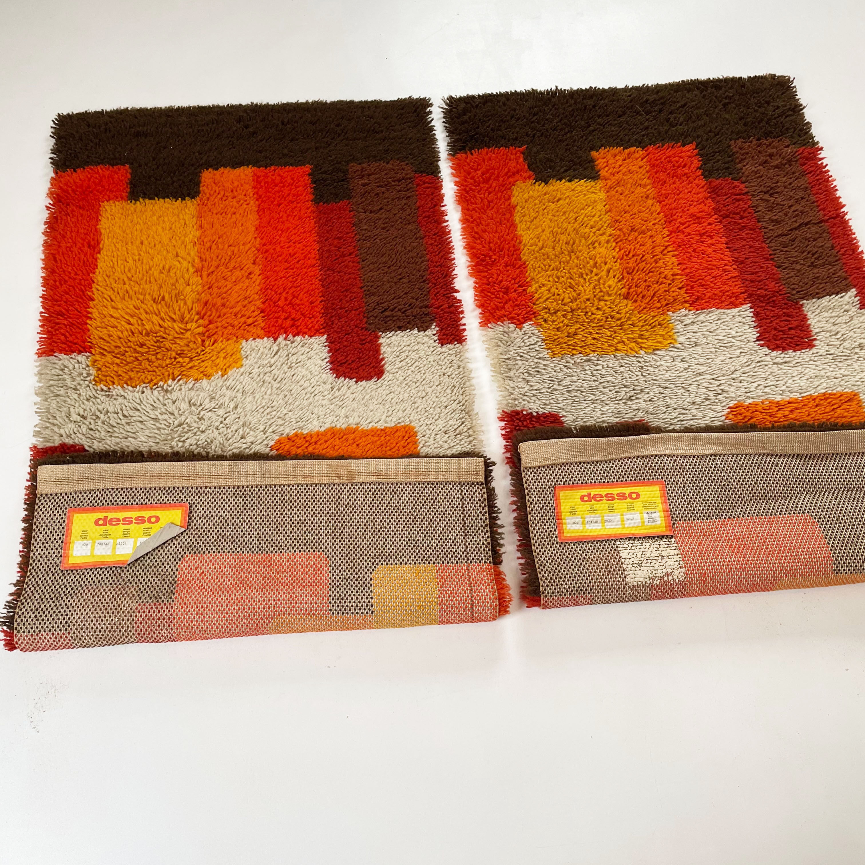 Set of 2 modernist multi-color high pile rya rug by desso, netherlands, 1970s