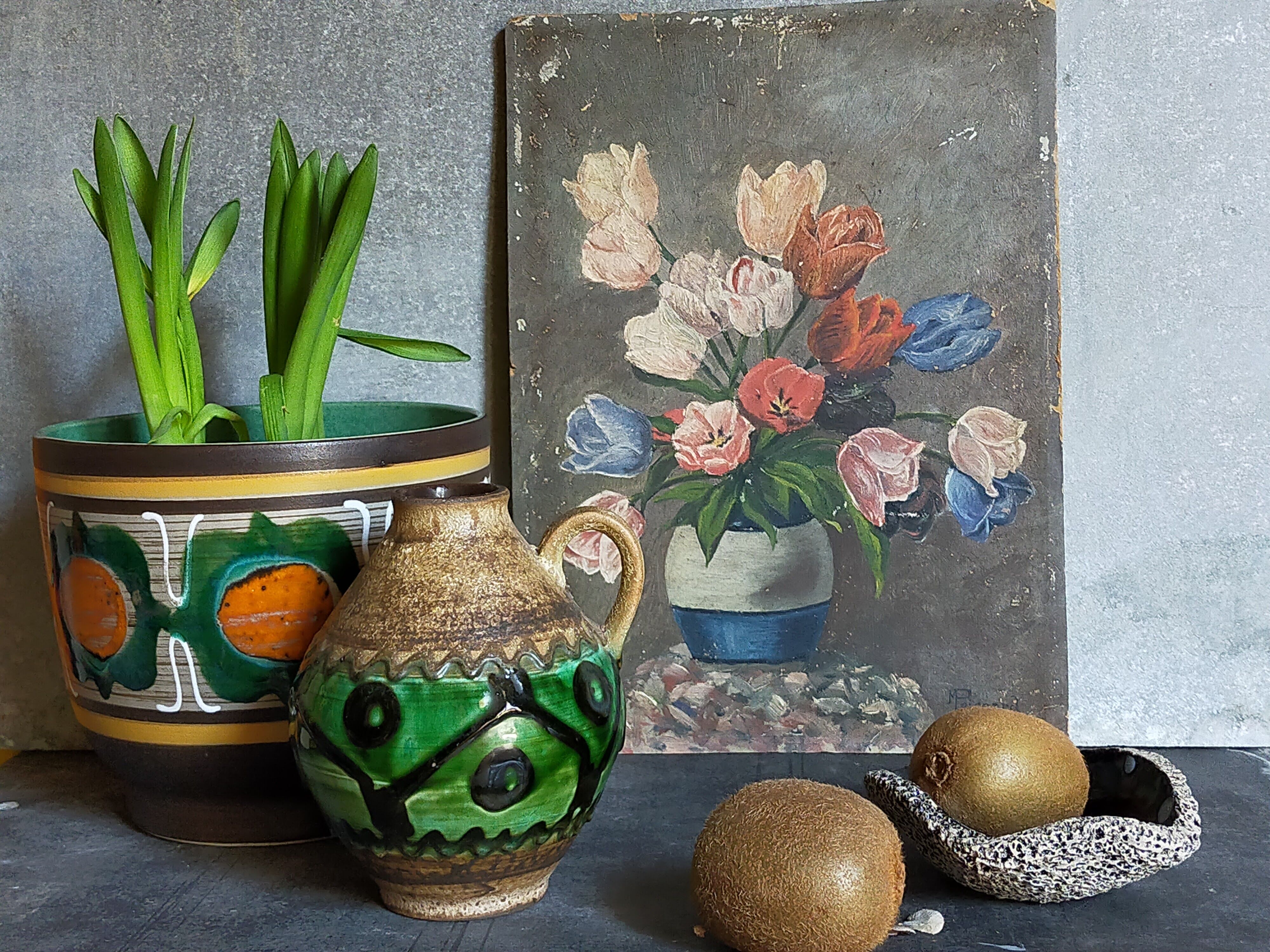 Table oil on cardboard the tulips hatched 30s