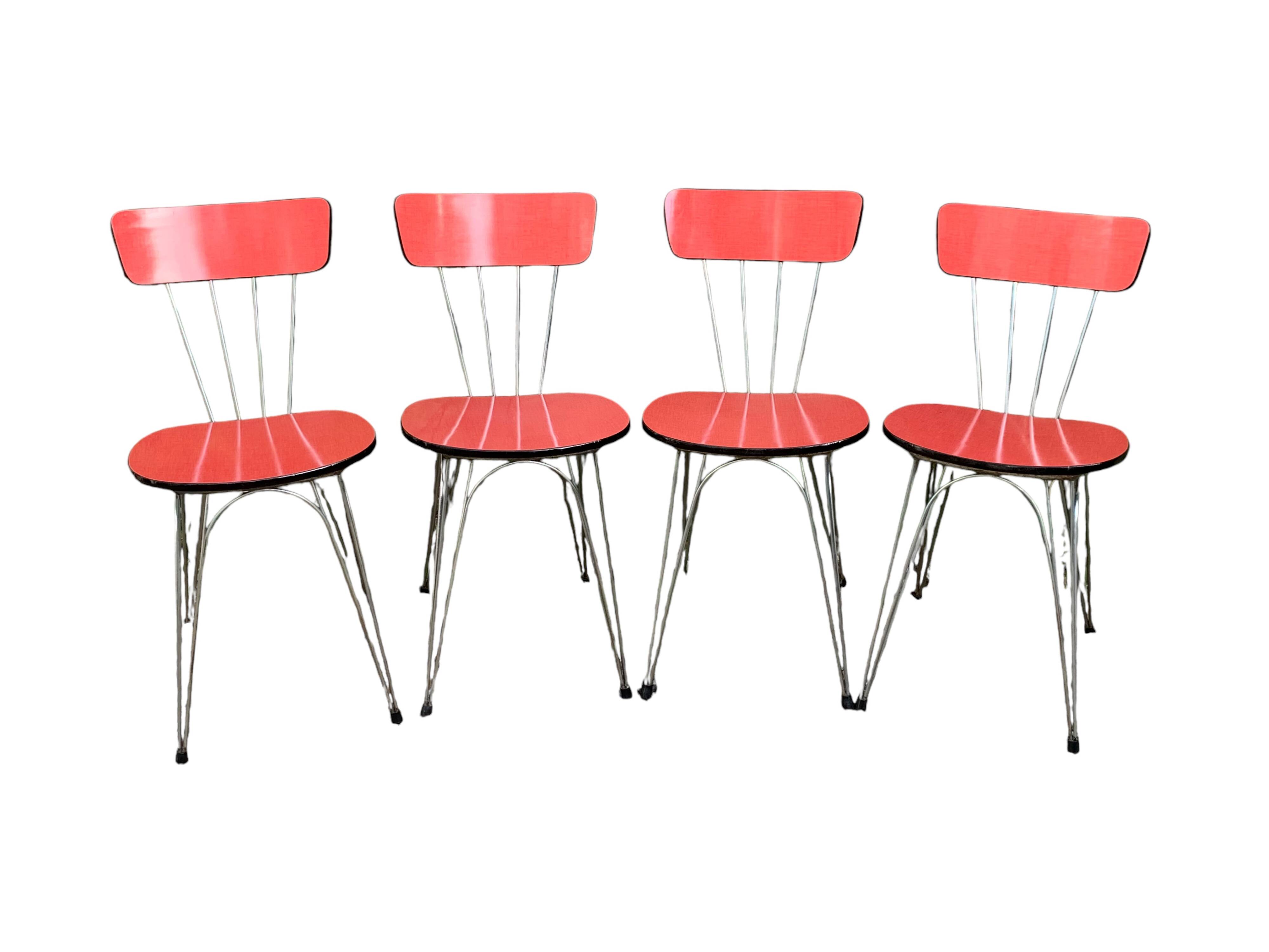 4 red Formica chairs with Eiffel legs, 1950s