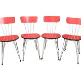 4 red Formica chairs with Eiffel legs 1950