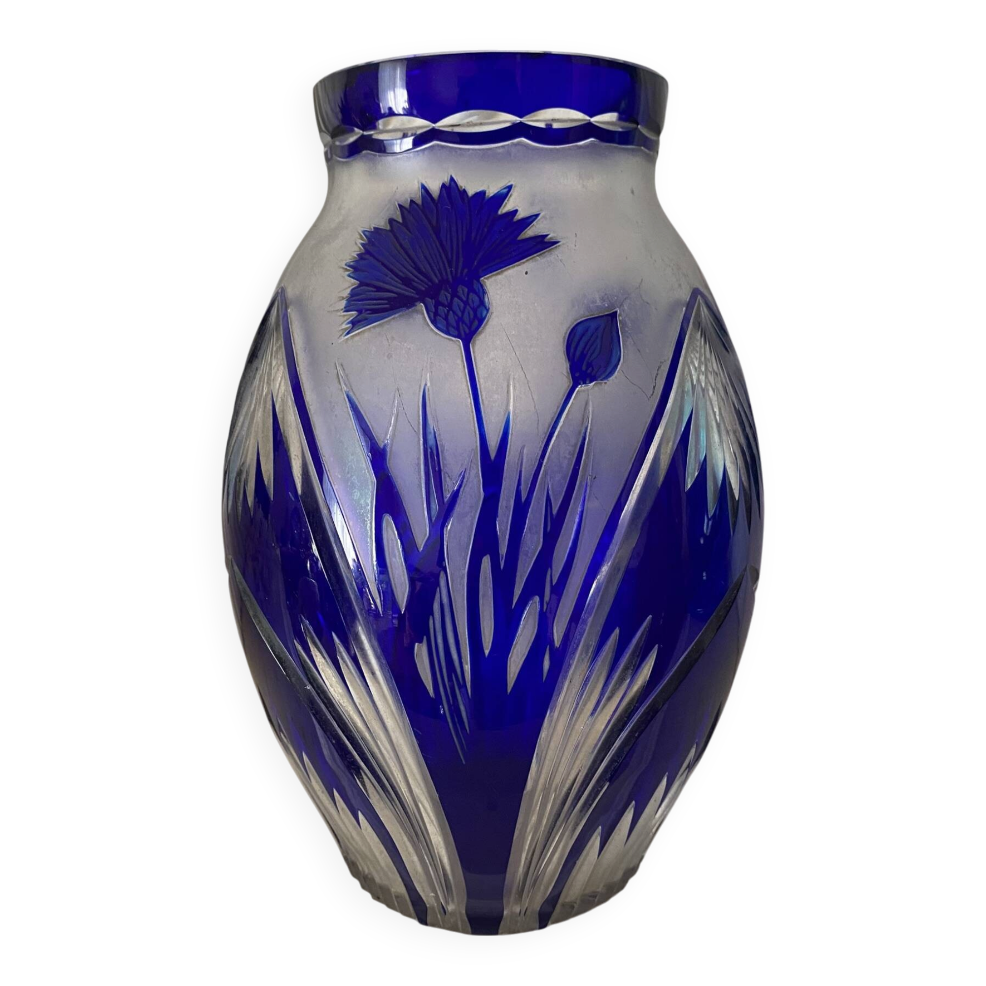 Cobalt blue double crystal vase signed G. Raspiller