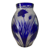 Cobalt blue double crystal vase signed G. Raspiller