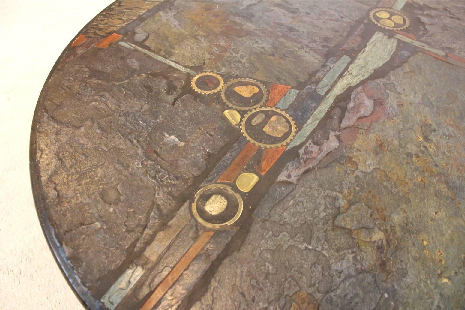 Brutalist Paul Kingma One-Off Slate, Ceramic and Brass Artwork Coffee Table, Signed