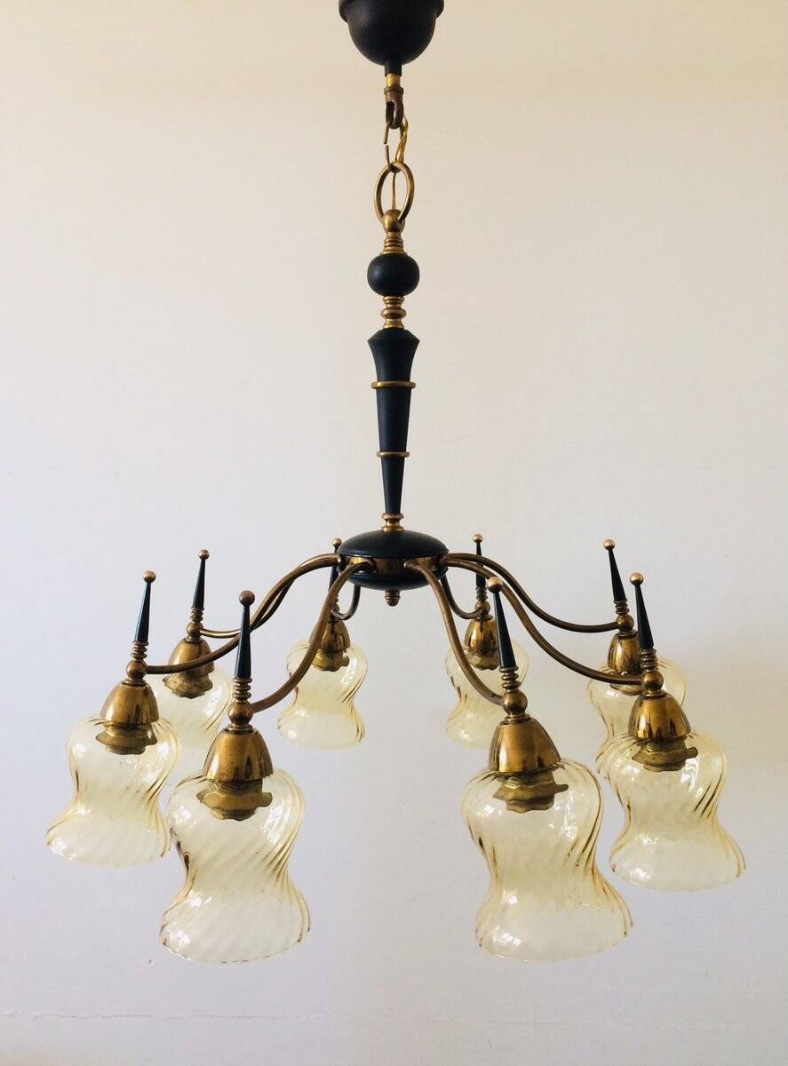 Atomic Age Design Brass and Glass Chandelier, 1950s