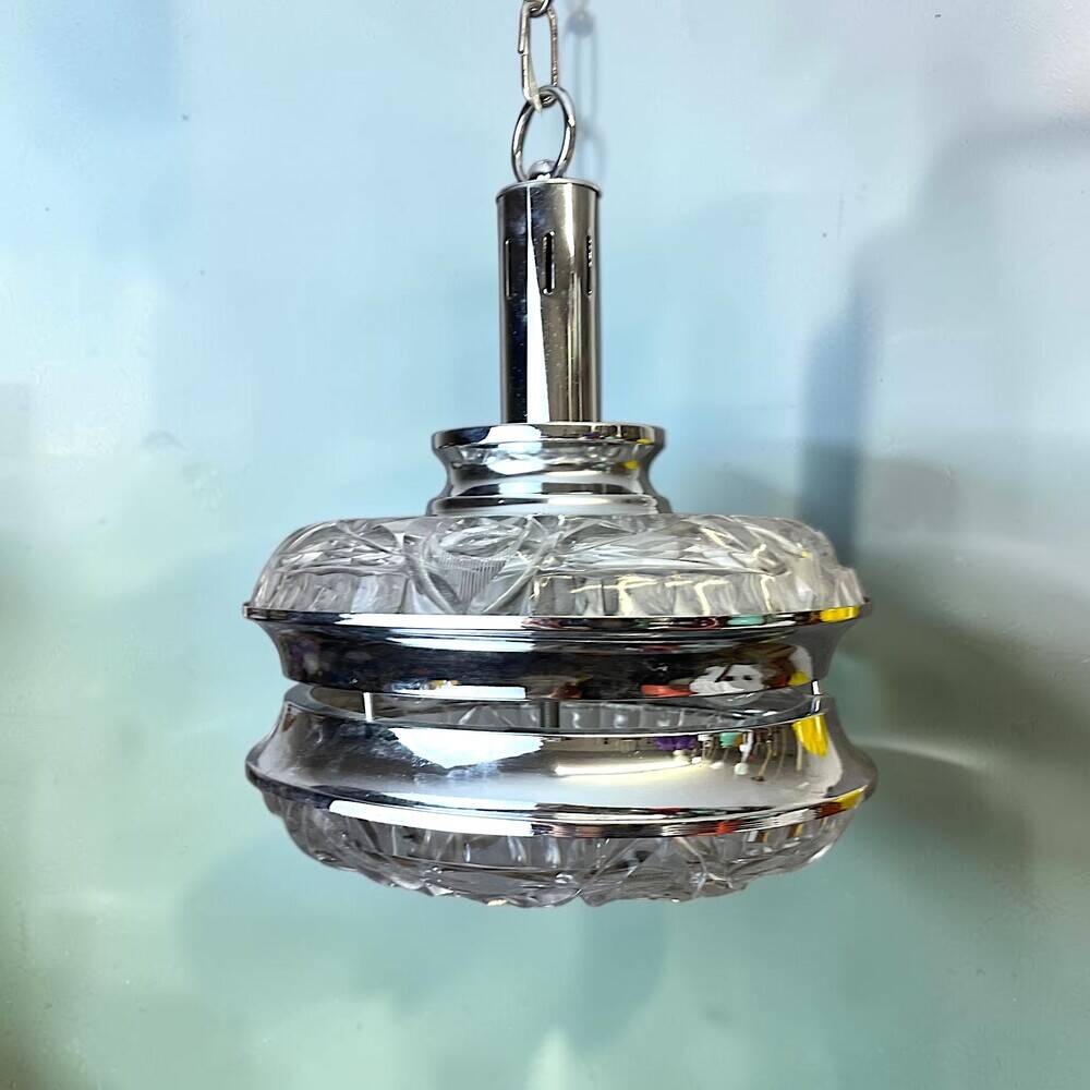 Mid Century Italian Modern glass and chrome hanging lamp
