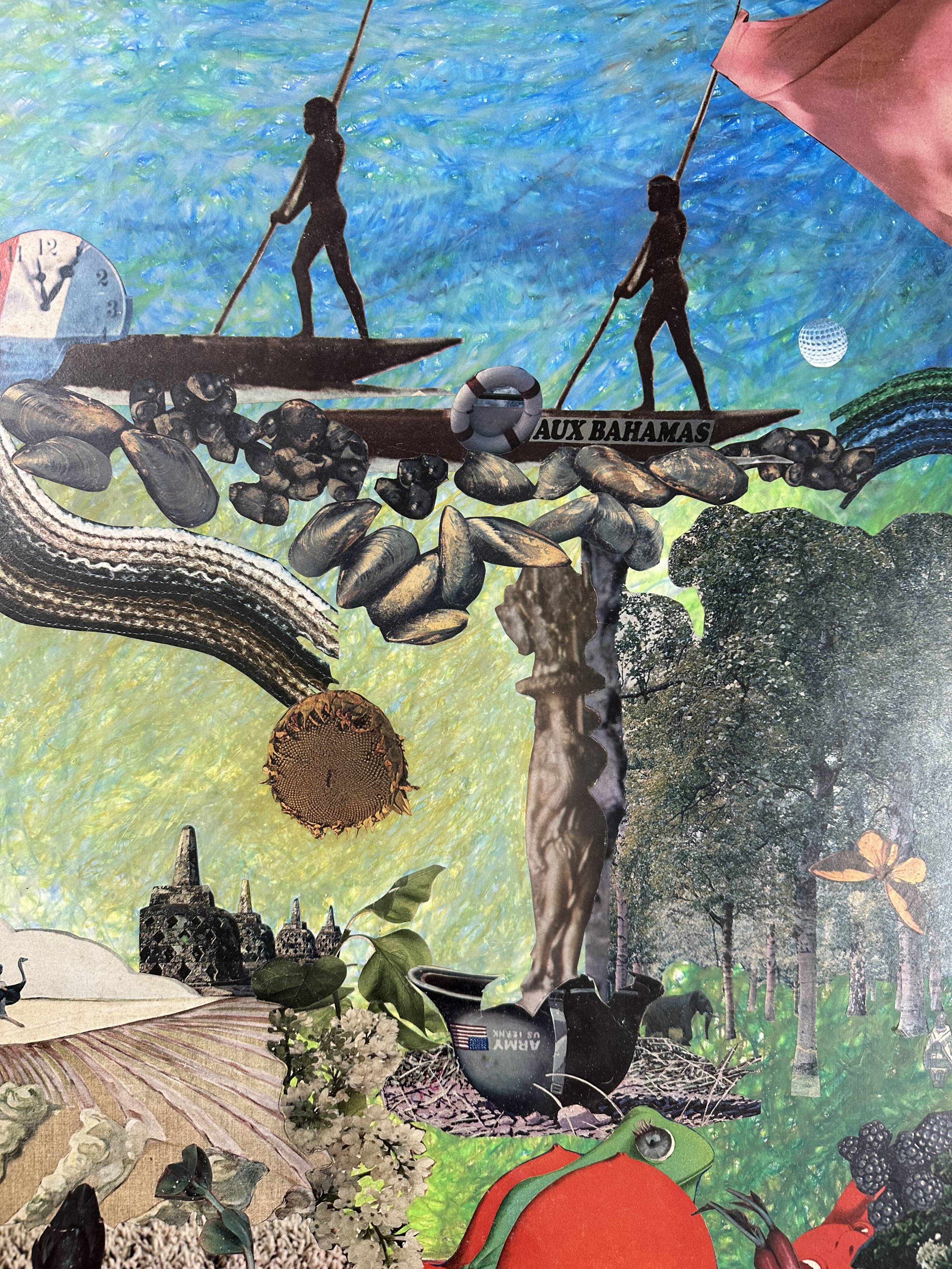 Very large framed surrealist collage by Alain Gaudet 1979