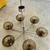 Old 6-light chandelier designed by Sciolari in chrome metal and smoked glass, 70s vintage