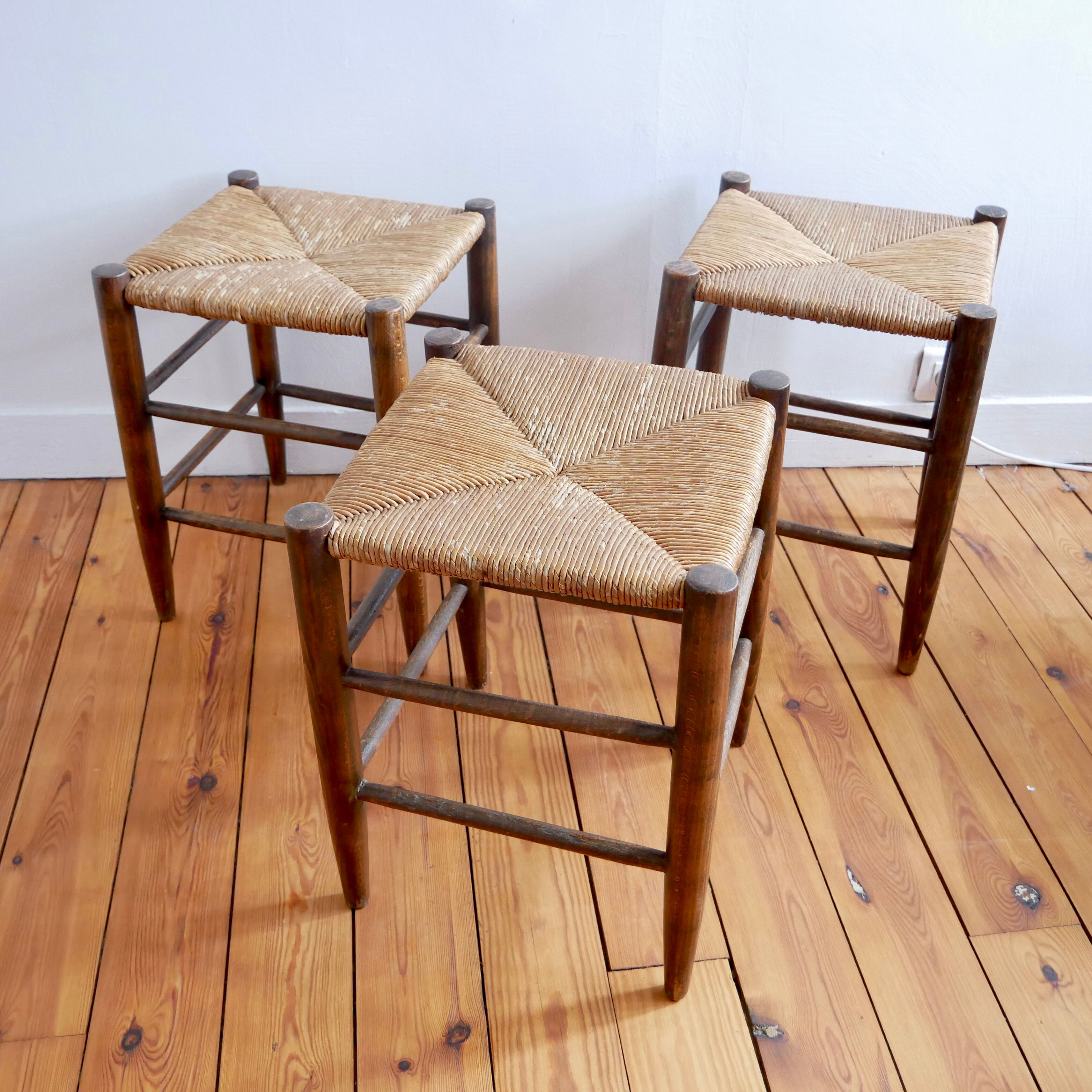 Set of 3 neo-rustic straw and wood stools