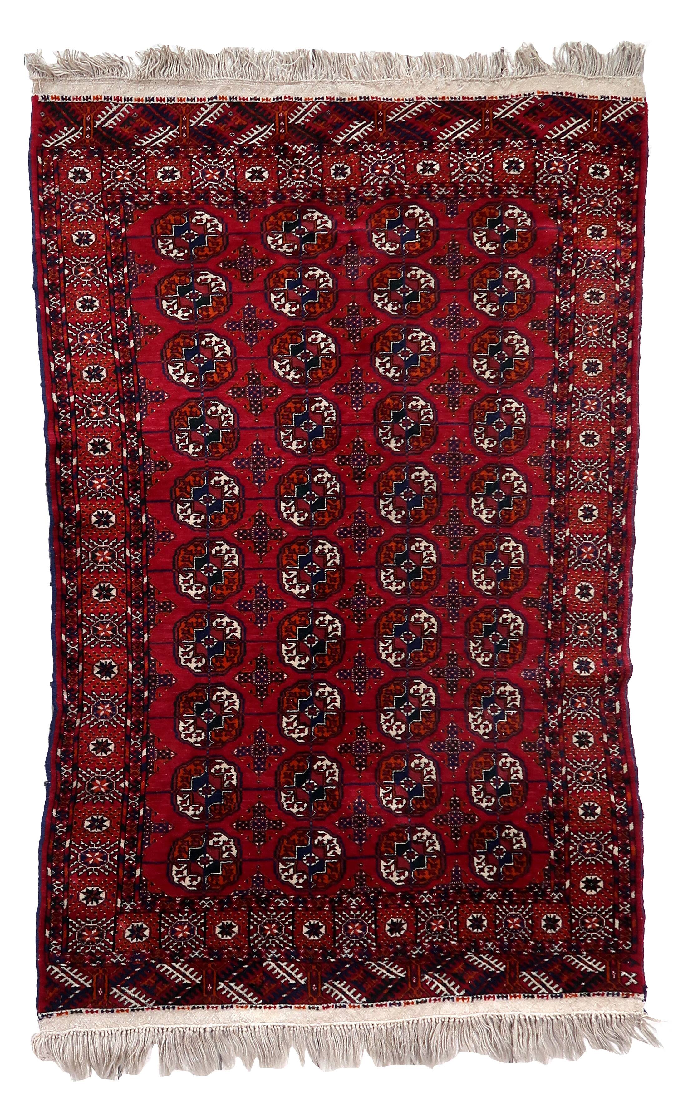 Tapis Vintage Tekke Turkmène Fait Main en Laine – Années 1960 – 126 x 188