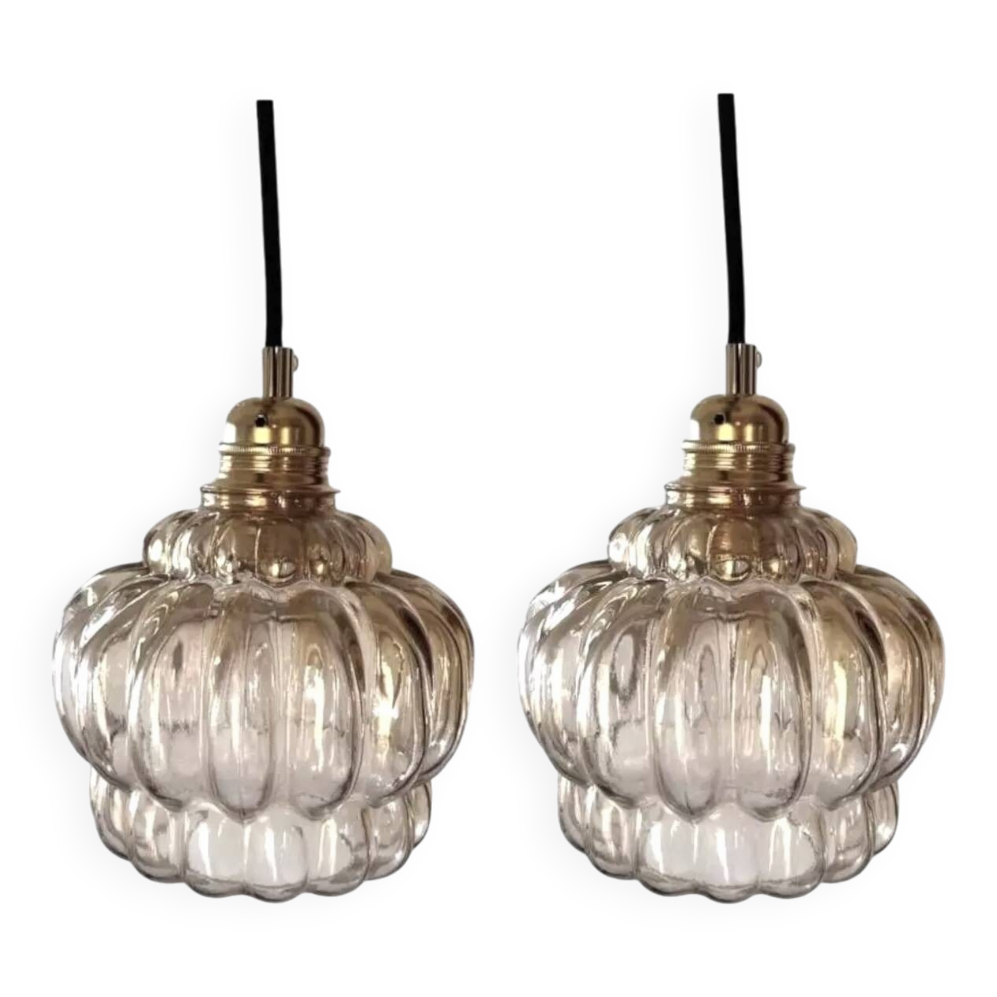 Pair of vintage amber glass pendant lights