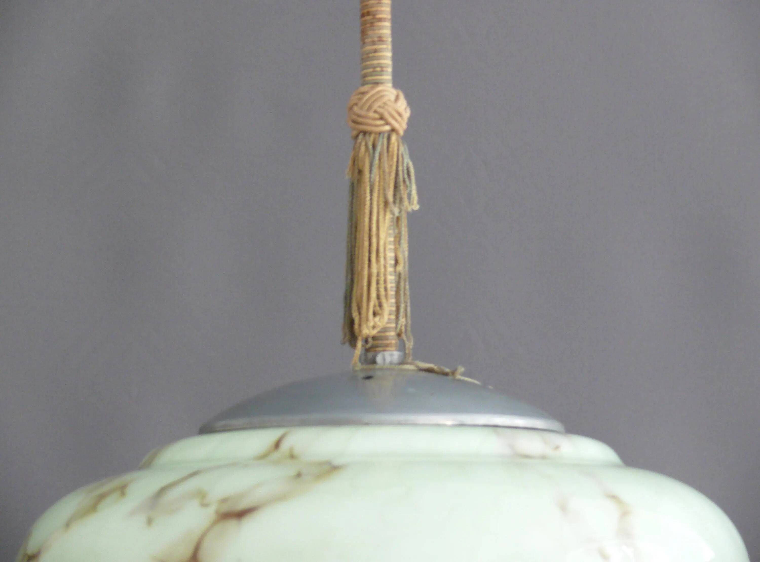 Art Deco Pendant Light with Twisted Stem, Marbled Effect, Metal and Brass - 1930s