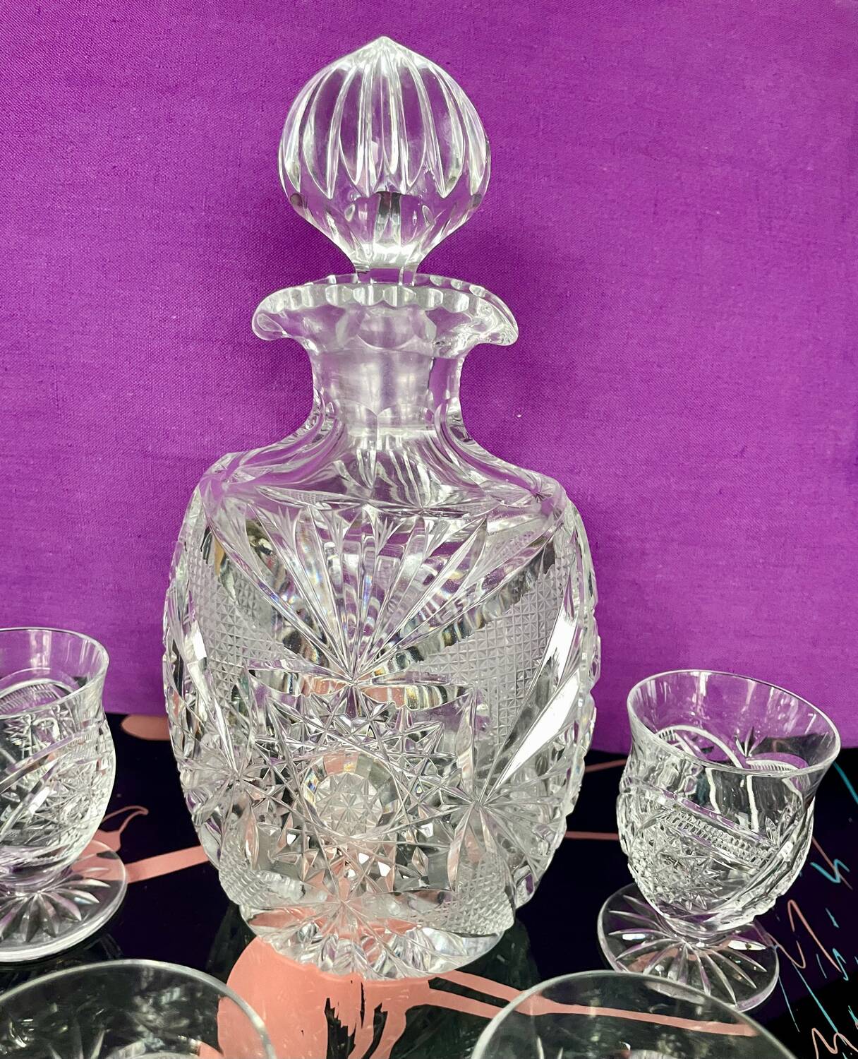 Bohemian crystal decanter and 4 glasses