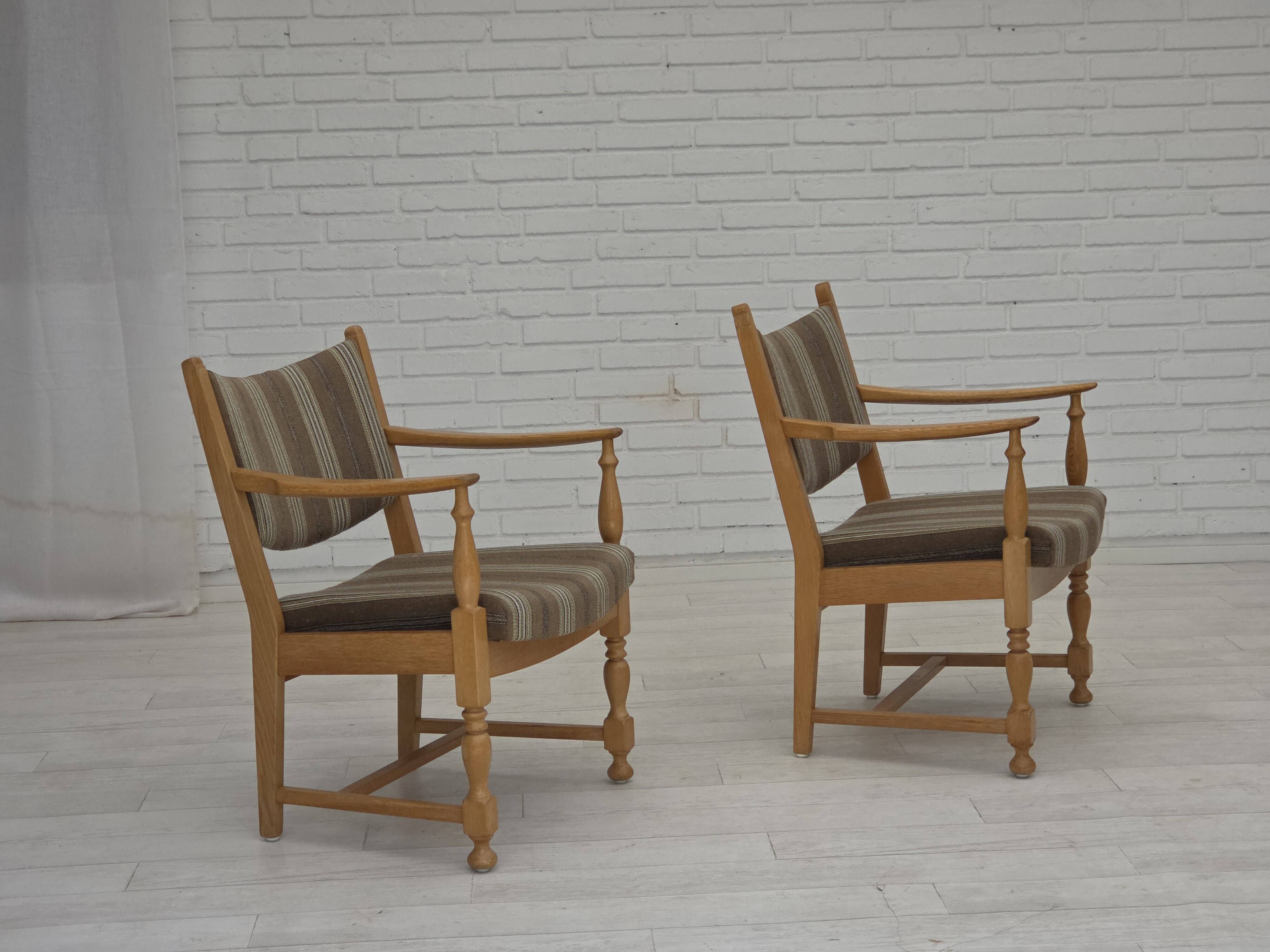 1970s, pair of Scandinavian armchairs, furniture wool, solid oak wood.