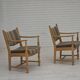 1970s, pair of Scandinavian armchairs, furniture wool, solid oak wood.