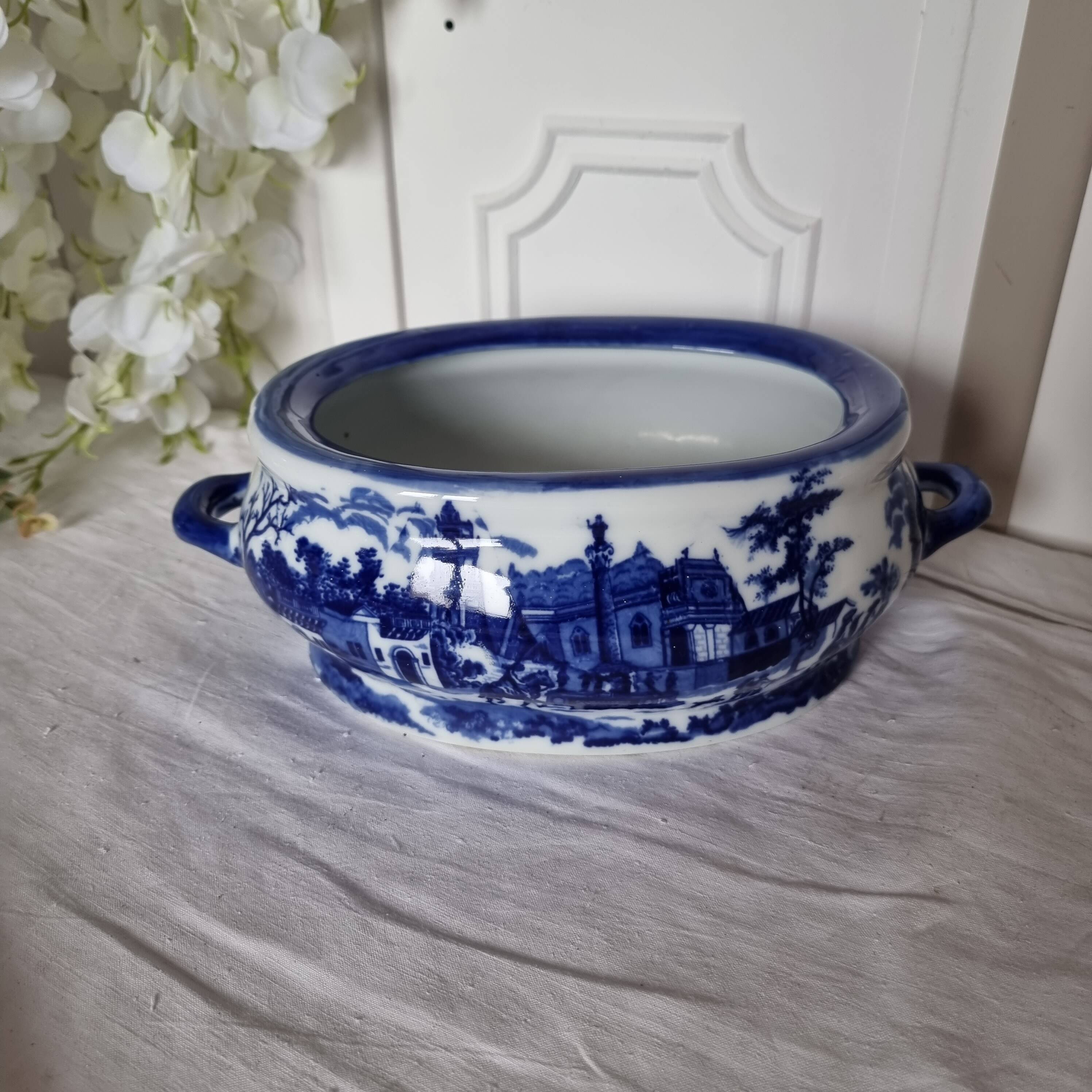 English porcelain flower pot or planter, blue Victorian landscape