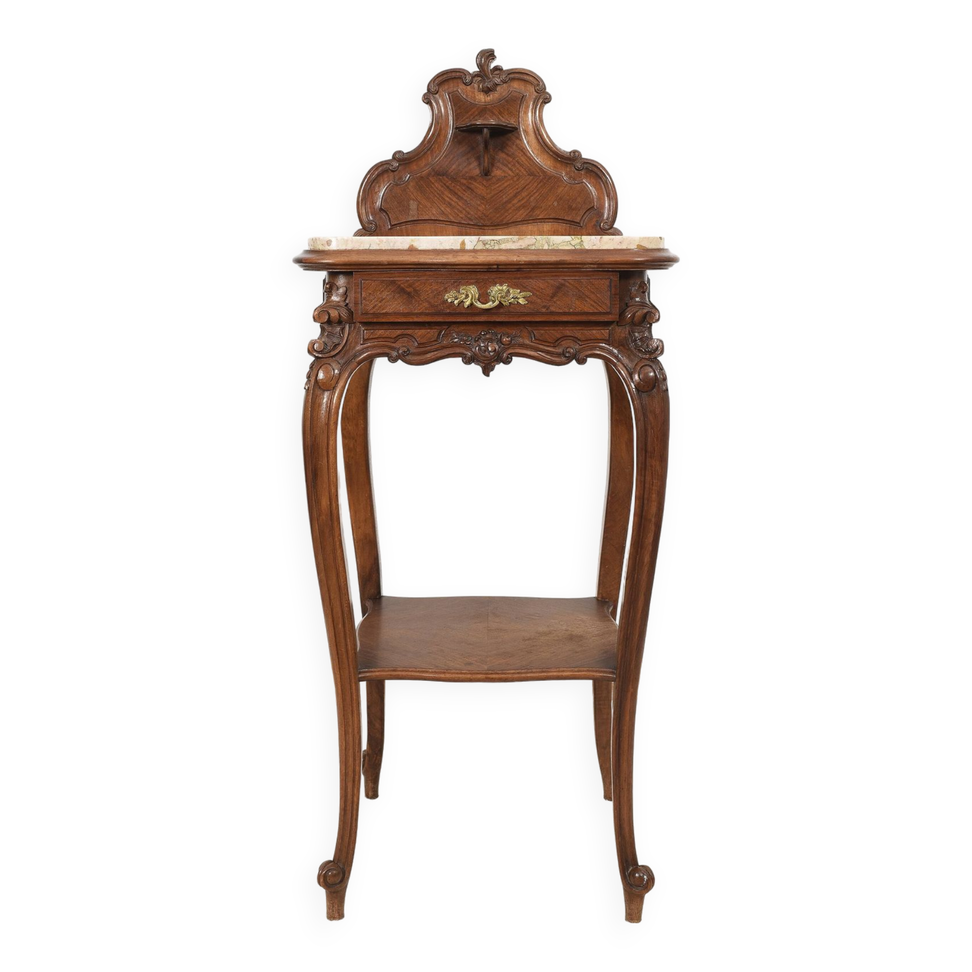 Pedestal table, old bedside table, Louis XV style, in wood and marble
