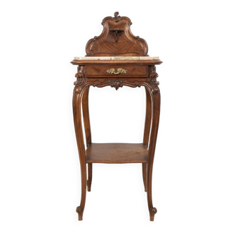 Pedestal table, old bedside table, Louis XV style, in wood and marble