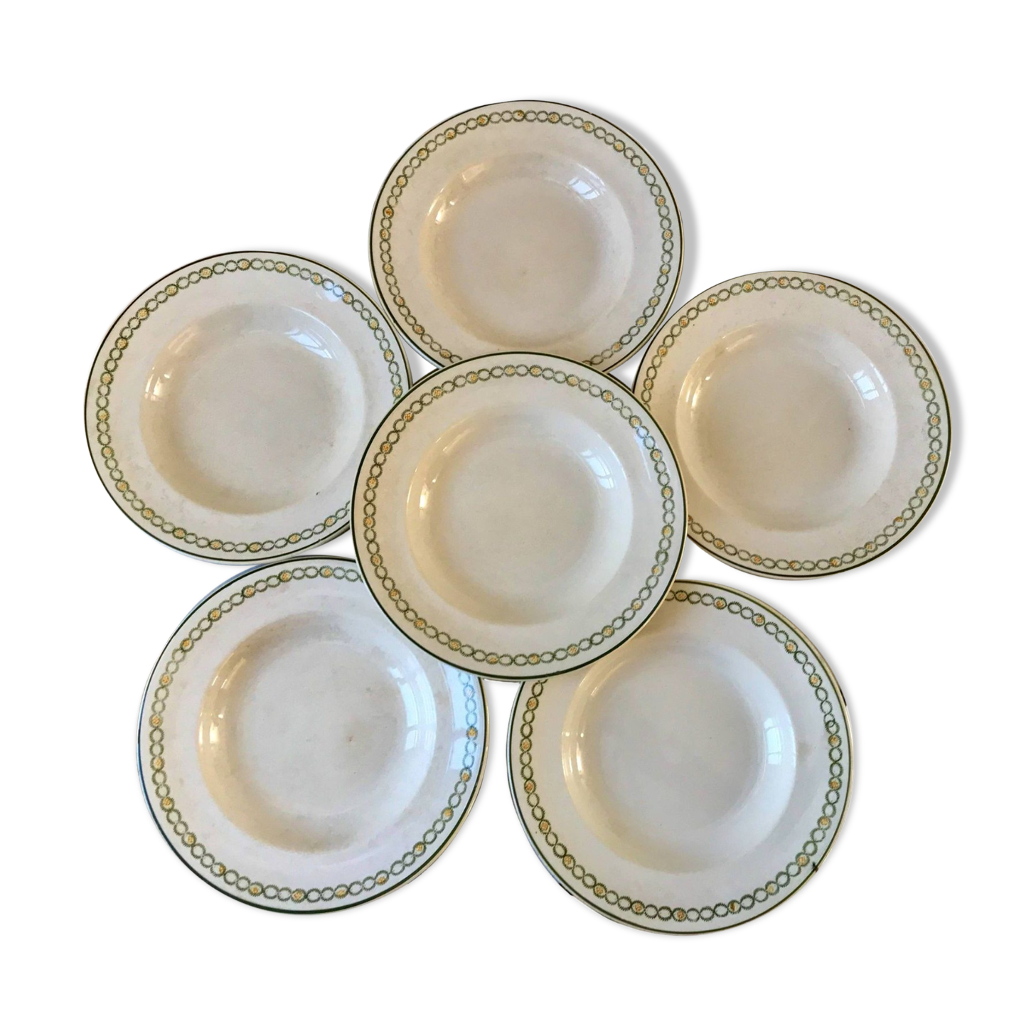 lot of 6 green and orange Longwy Iron Earth hollows from the beginning of the 19th century