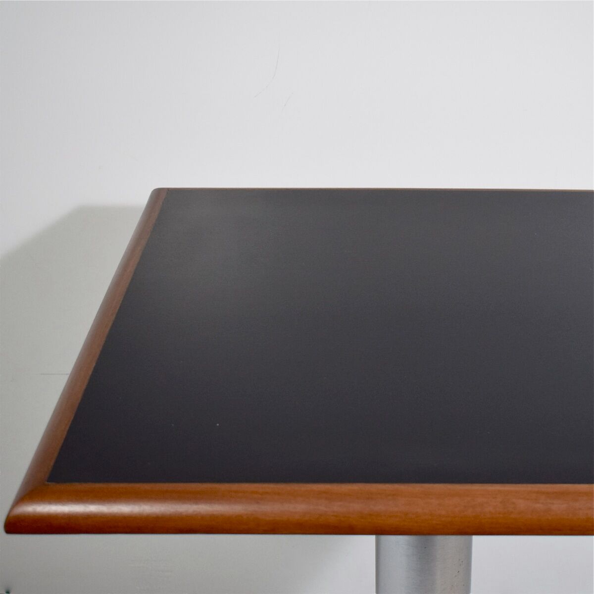 Square bistro dining table, wood, chrome and cast iron