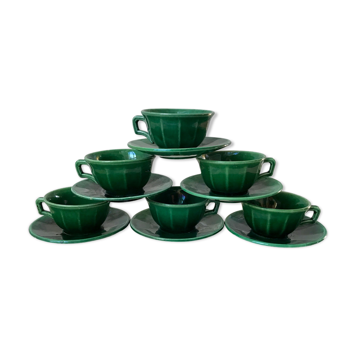 set of 6 cups and sub-cups in green slurry Lunéville 60s