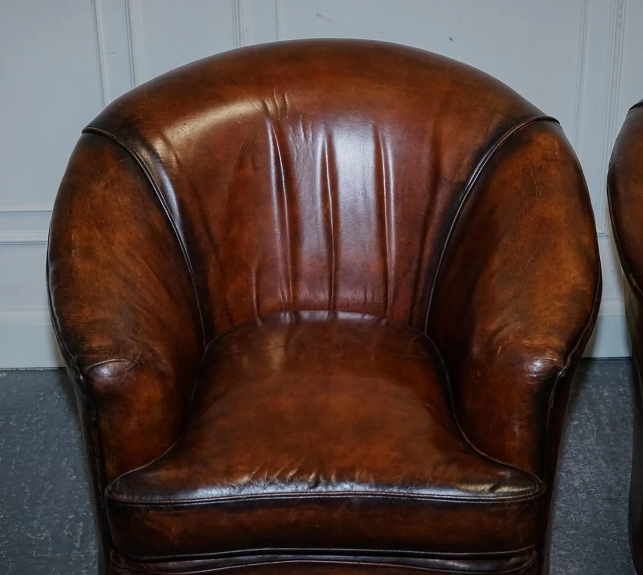 Art Deco Hand-Dyed Whisky Brown Sofa, Armchairs and Ottomans, 1920s, Set of 5