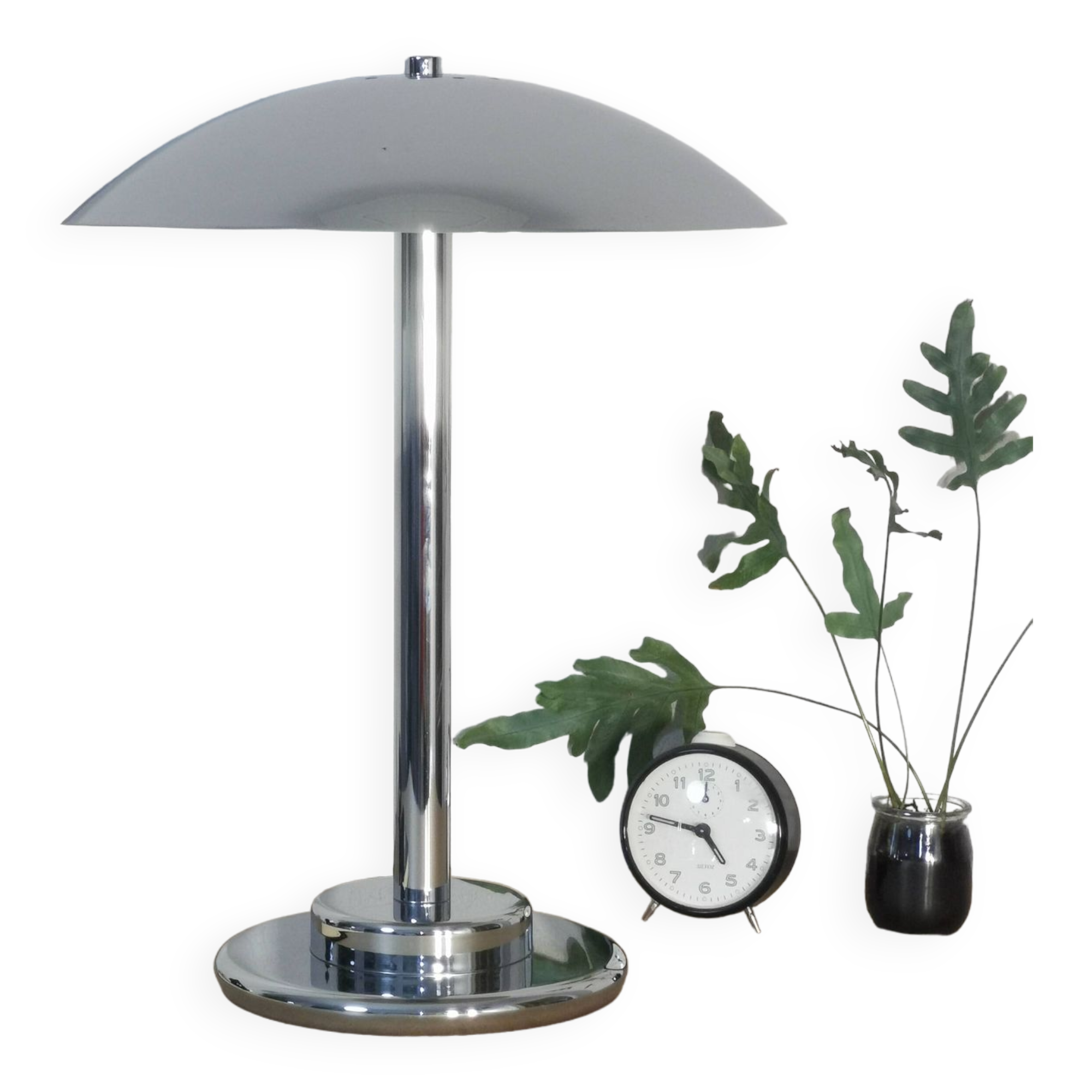 Mushroom lamp, chrome metal saucer, Aluminor, France, 1970