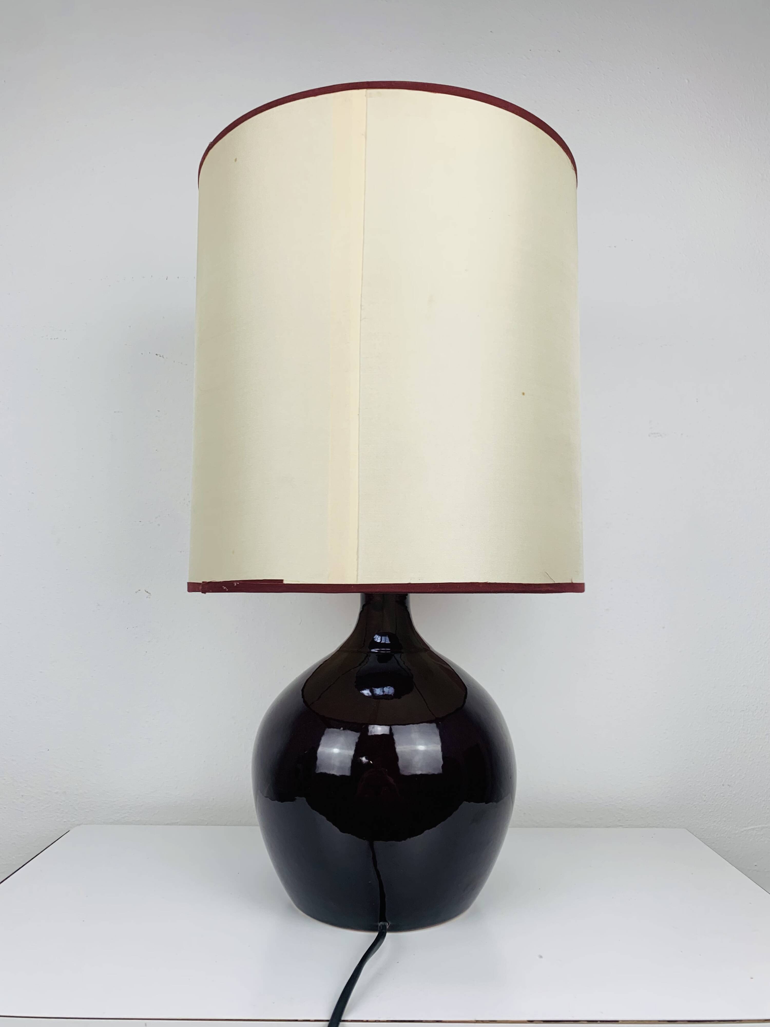 Purple ceramic ball lamp 55 cm from the 60s, silk lampshade