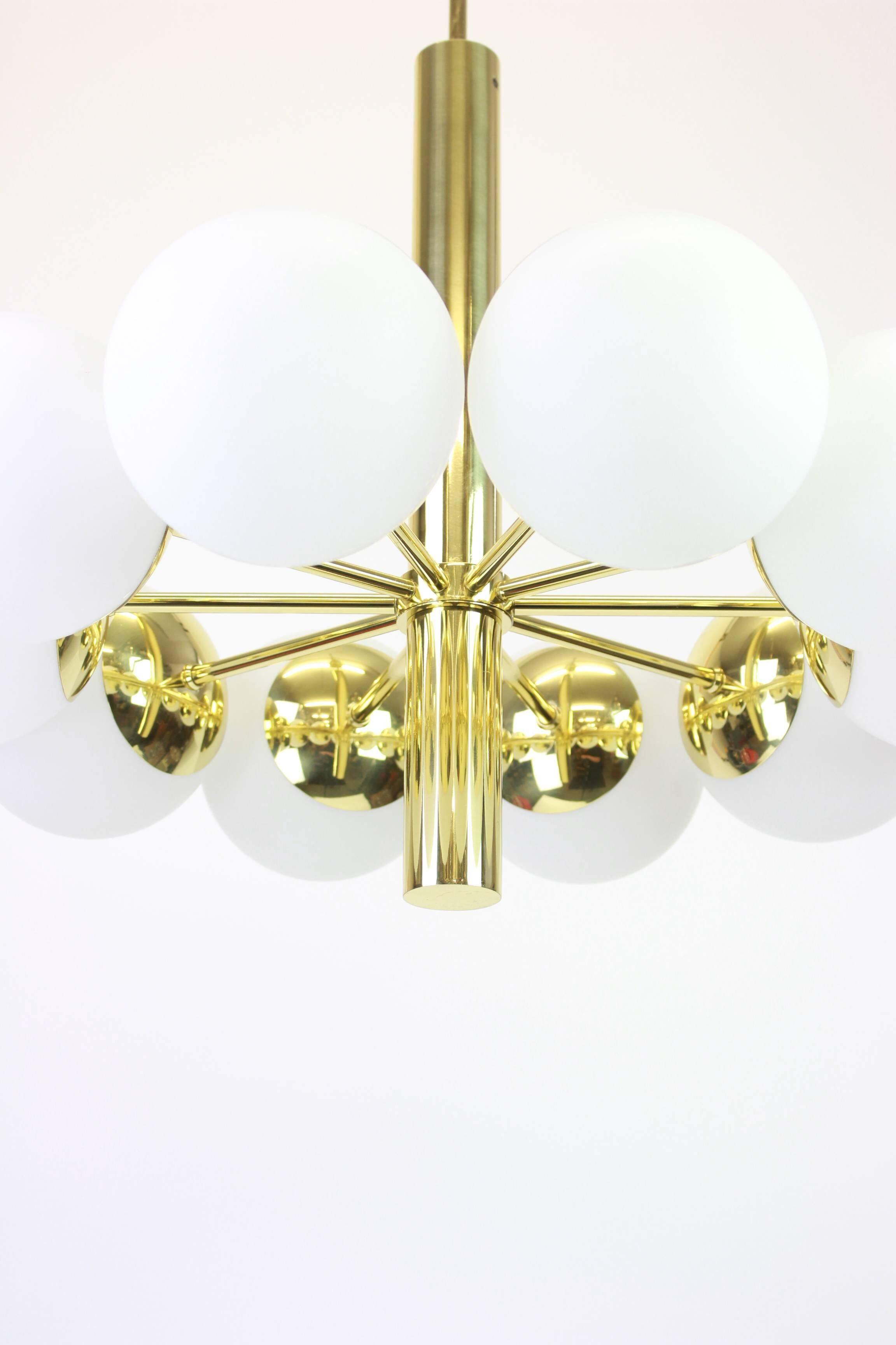 1 of 2 large splendid Kaiser Sputnik chandeliers with opal globes, Germany, 1970s