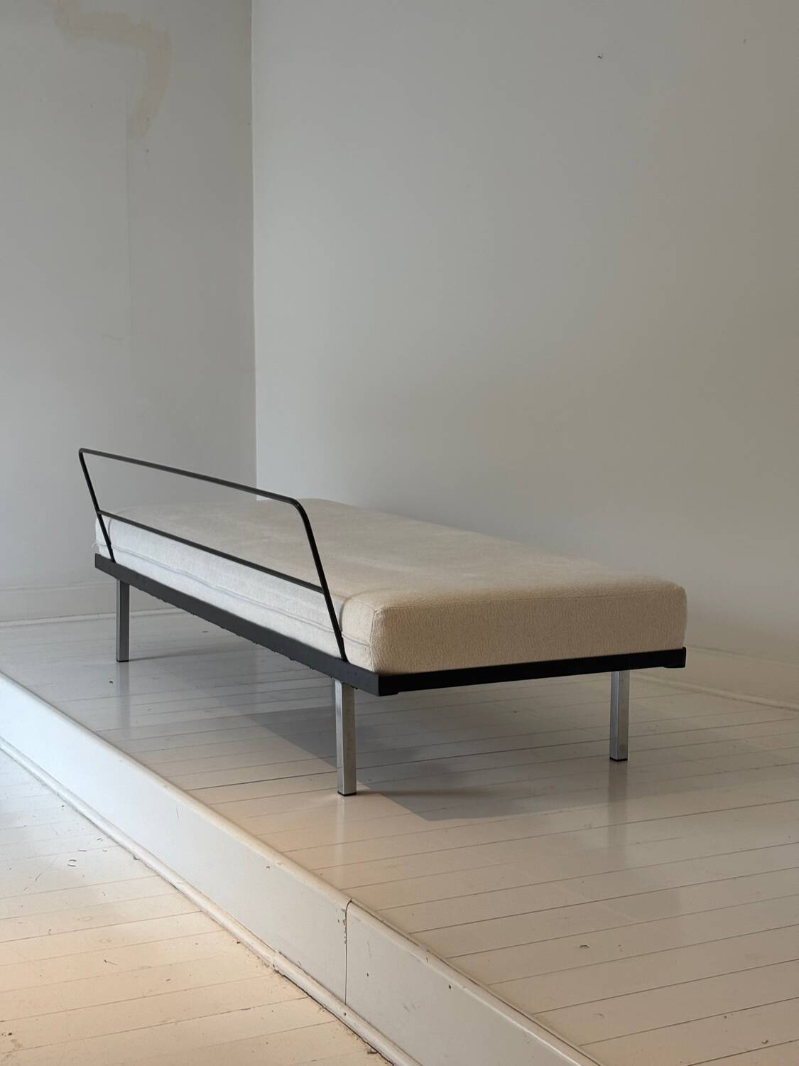 Modernist canapé design – Completely reupholstered in Pierre Frey fabric.
