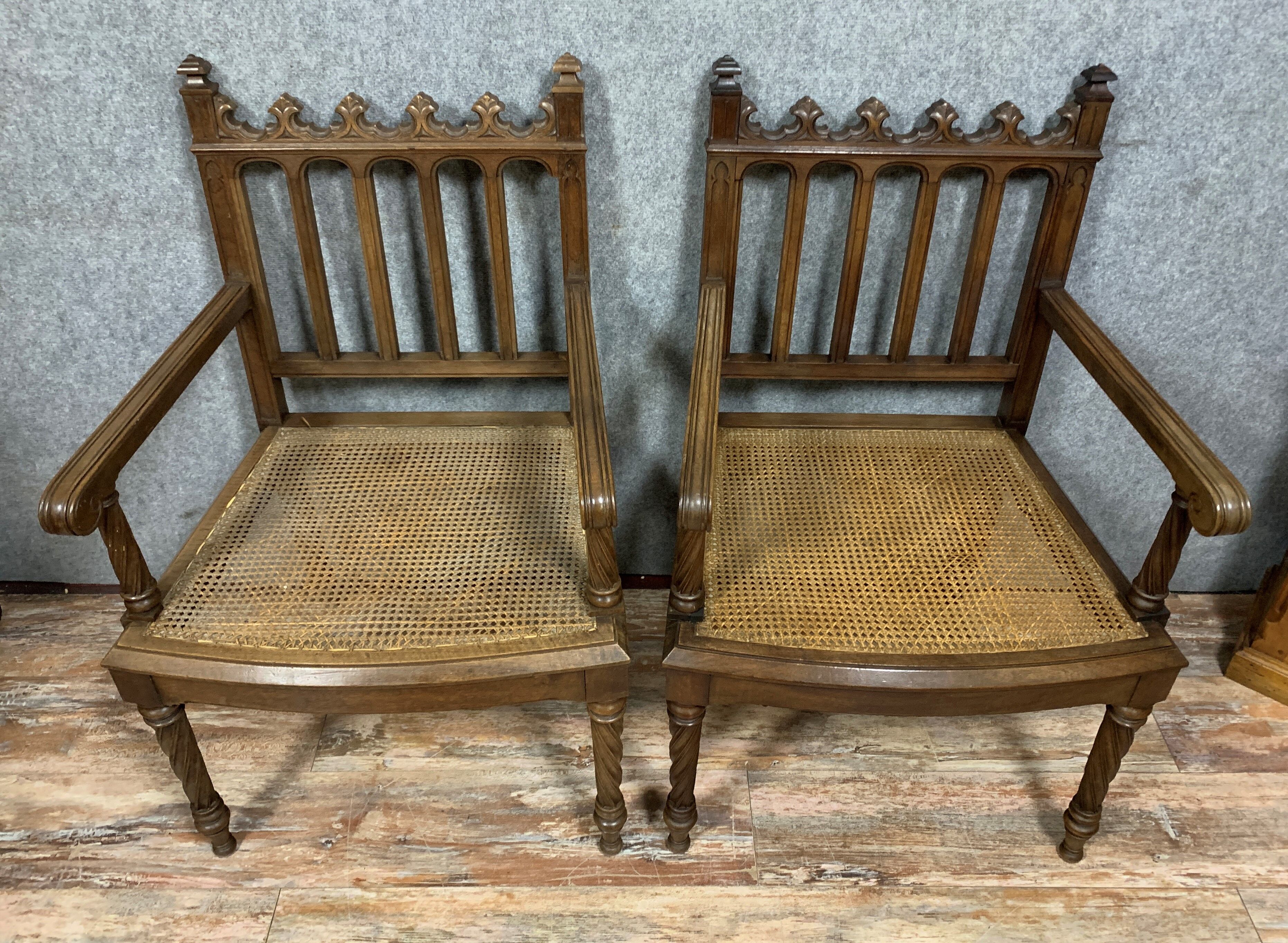 pair of Gothic walnut armchairs circa 1850