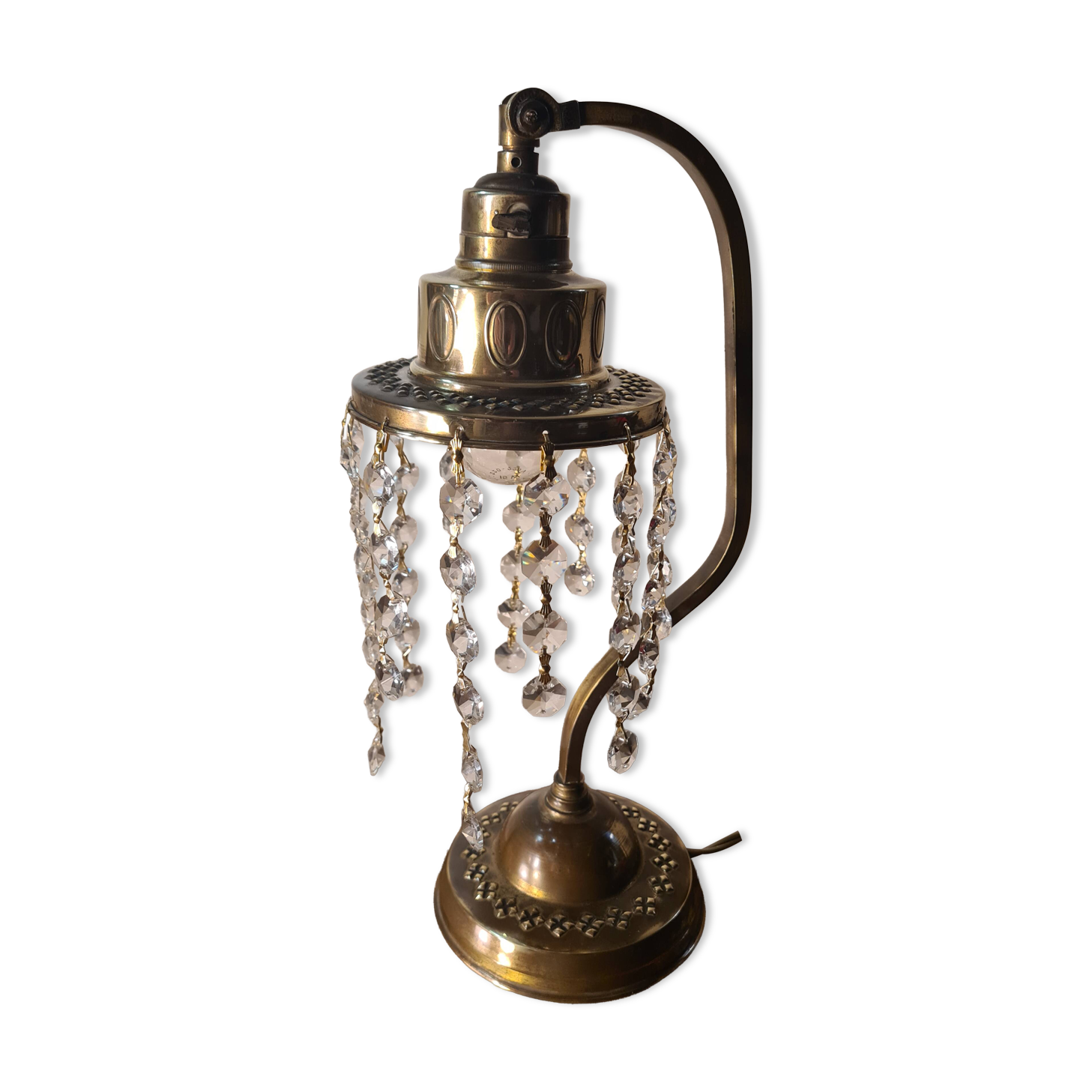 antique brass lamp with crystal pendant 33x14 slight signs of wear