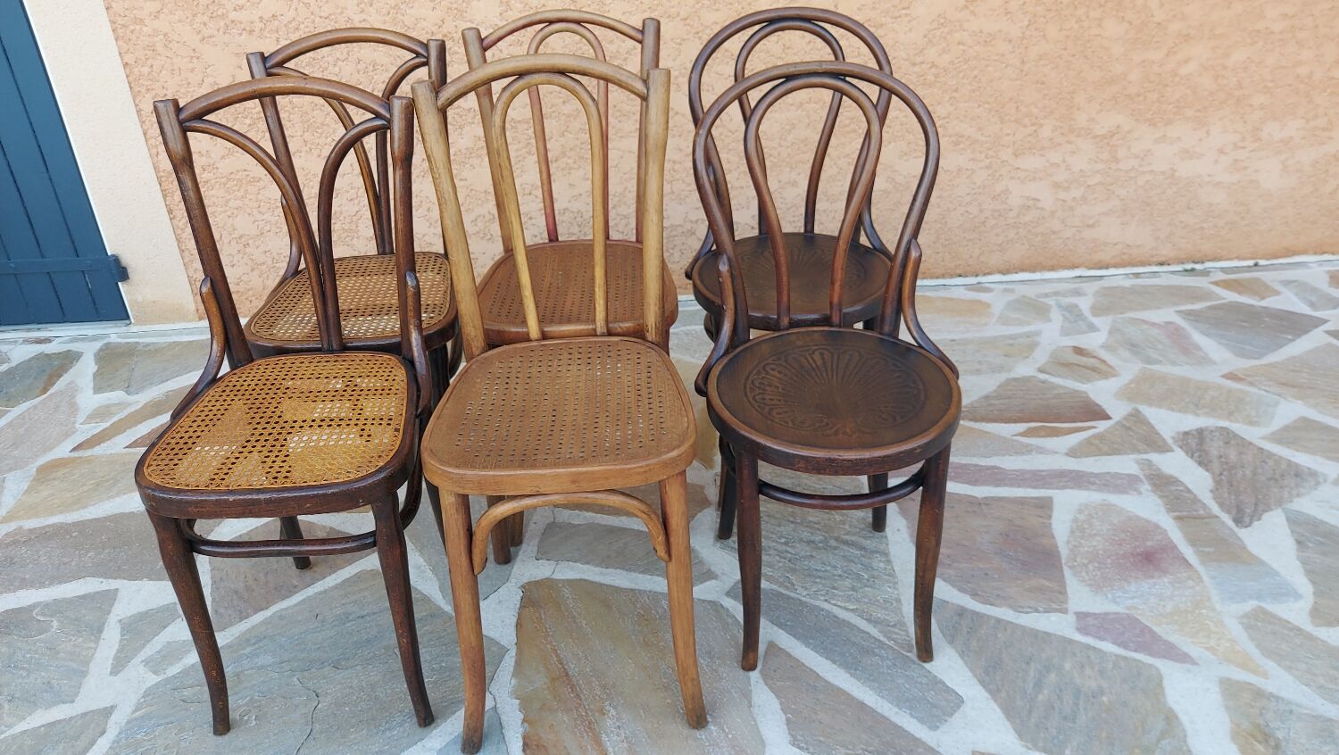 Suite of 6 mismatched bistro chairs Thonet and J&J kohn 1920
