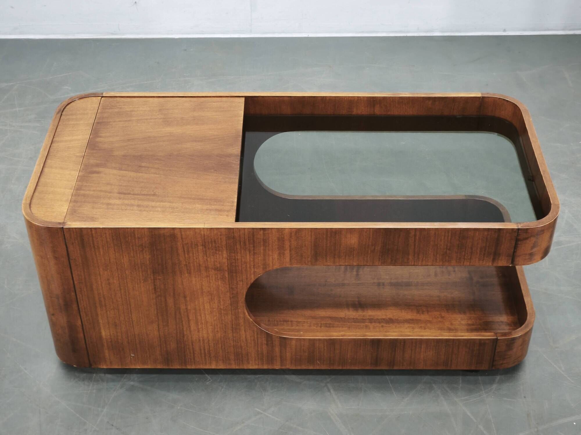 1970s Italian Modernist Wood and Smoked Glass Bar Cart