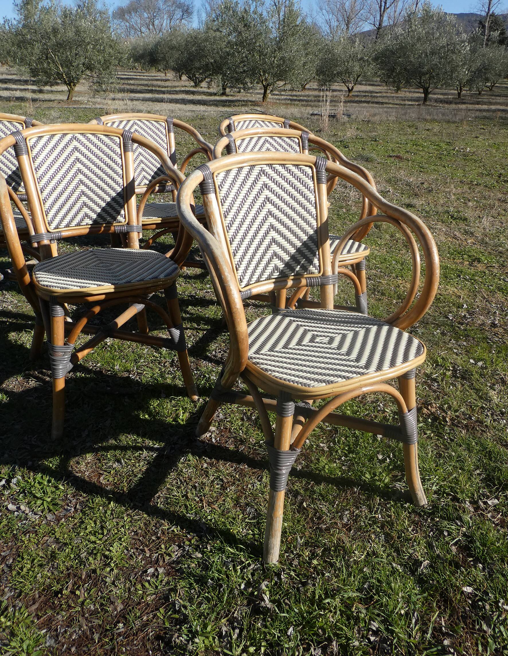 Lot de 6 fauteuils bistrot de terrasse en rotin type "parisienne"