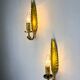 Pair of Spanish foliage wall sconces, leaf arms & bud shades, gilt iron, 1970s