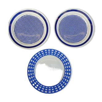 Set 3 variegated dessert plates Guy Degrenne and Gien cobalt blue