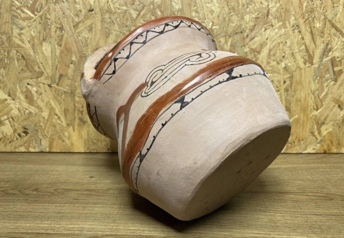 Ancient Berber flower holder, painted terracotta, vintage ethnic vase.