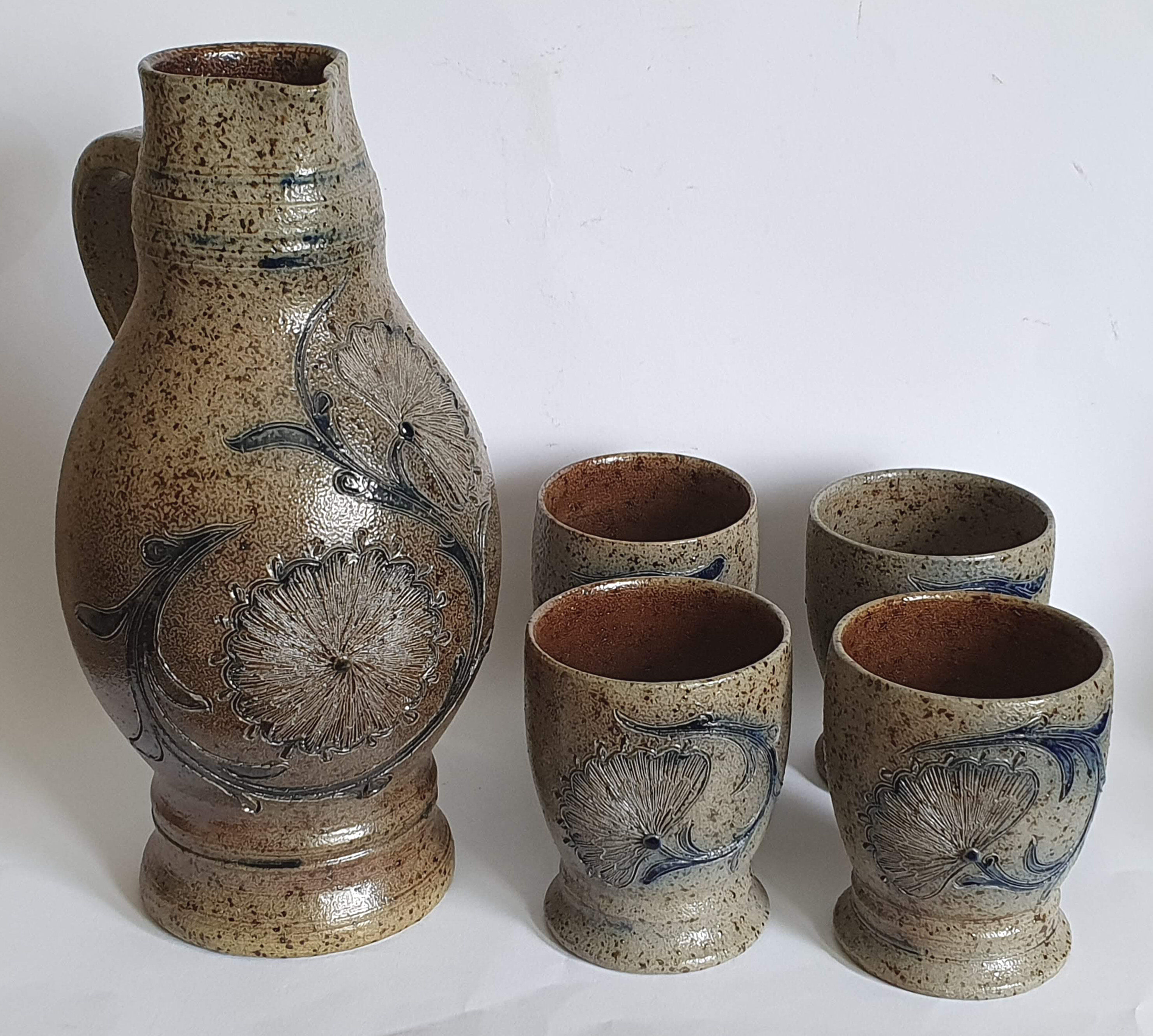 Sandstone pitcher and four cups by Loys Ruhlmann Betschdorf